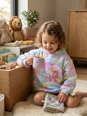H&M Kids Rainbow Pastel Unicorn Hoodie - White with Pastel Pink, Purple, Blue